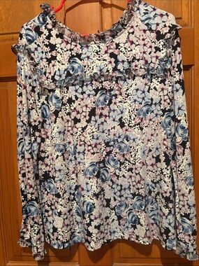 Karl Lagerfeld Black Floral Ruffle Blouse with Lavender Accents